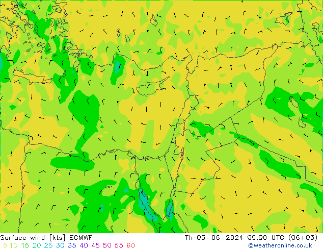 Surface wind ECMWF Čt 06.06.2024 09 UTC