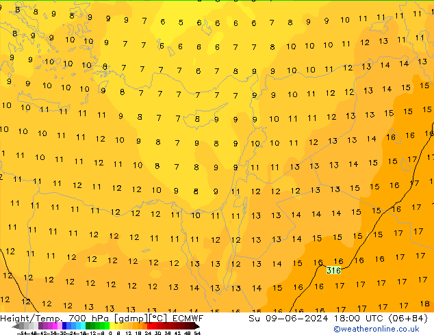 Yükseklik/Sıc. 700 hPa ECMWF Paz 09.06.2024 18 UTC