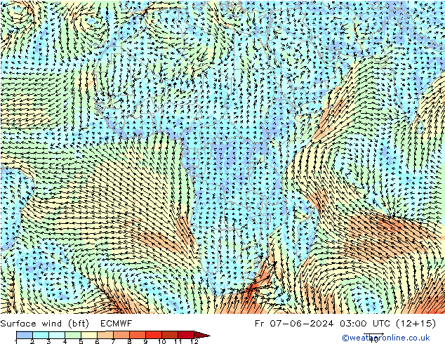 Vento 10 m (bft) ECMWF ven 07.06.2024 03 UTC