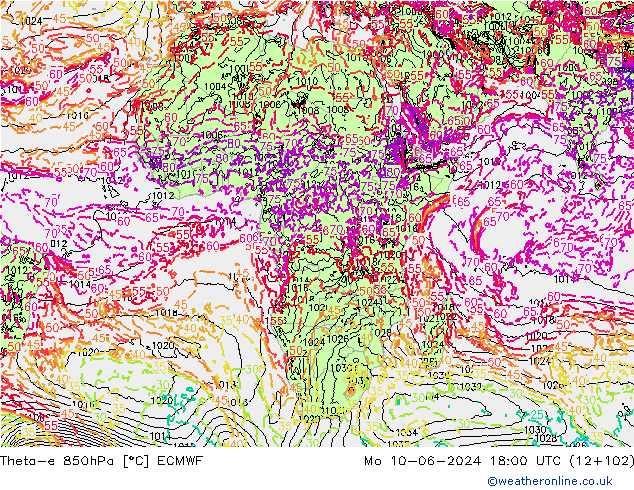 Theta-e 850hPa ECMWF ma 10.06.2024 18 UTC