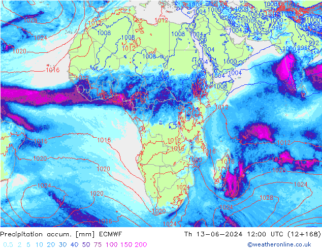 Precipitation accum. ECMWF Th 13.06.2024 12 UTC