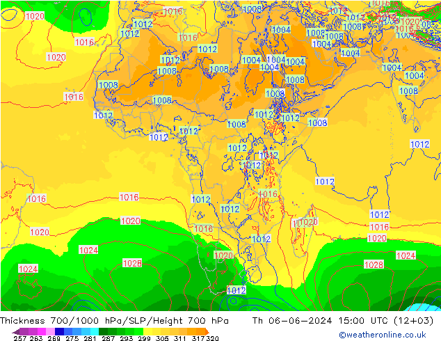 Espesor 700-1000 hPa ECMWF jue 06.06.2024 15 UTC