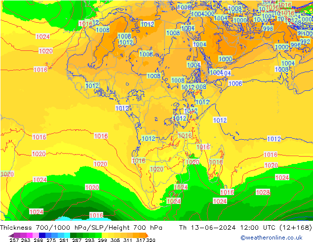 Dikte700-1000 hPa ECMWF do 13.06.2024 12 UTC