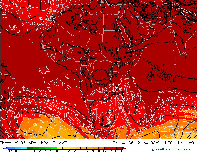 Theta-W 850hPa ECMWF Pá 14.06.2024 00 UTC