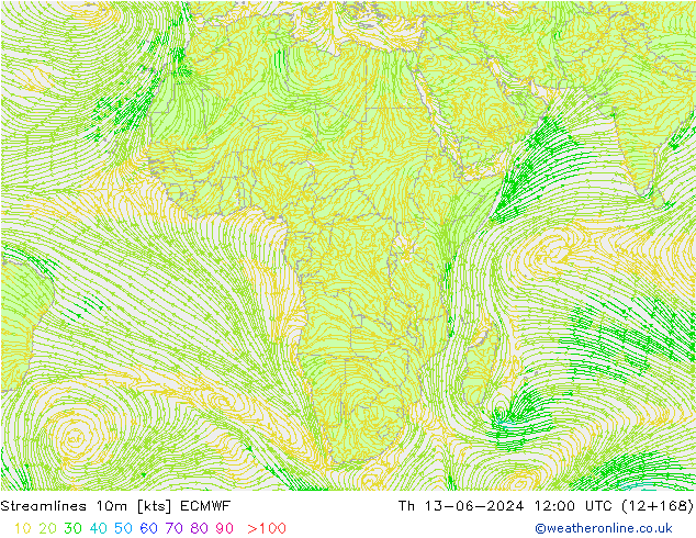 Streamlines 10m ECMWF Th 13.06.2024 12 UTC