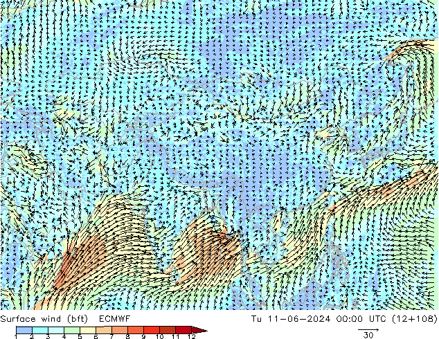 Surface wind (bft) ECMWF Út 11.06.2024 00 UTC