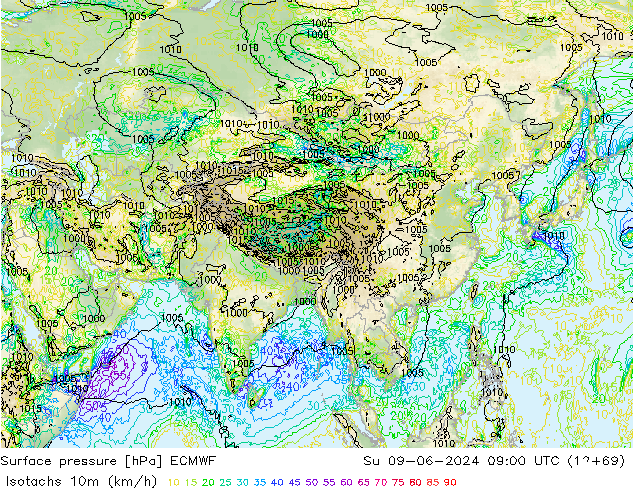 Isotachs (kph) ECMWF Вс 09.06.2024 09 UTC