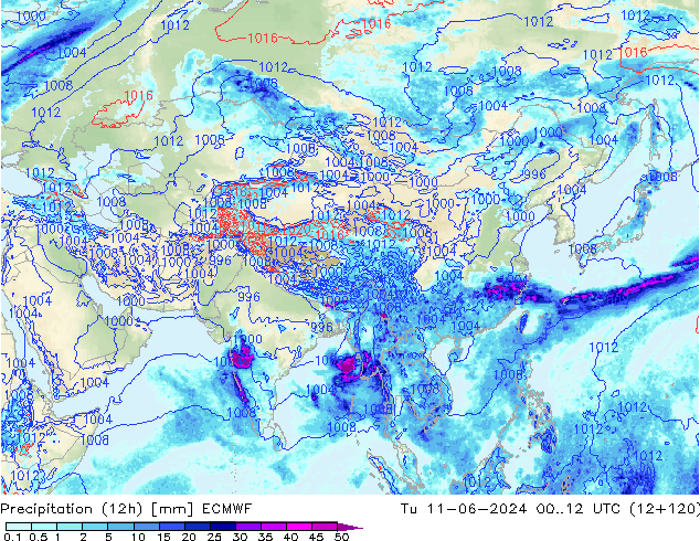 Precipitation (12h) ECMWF Tu 11.06.2024 12 UTC