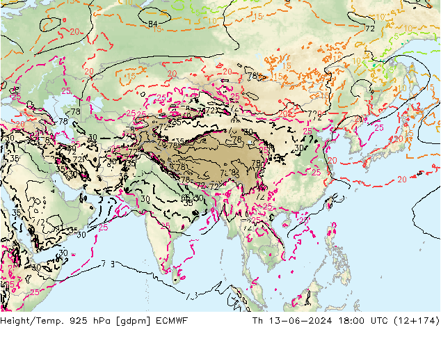 Height/Temp. 925 hPa ECMWF Th 13.06.2024 18 UTC