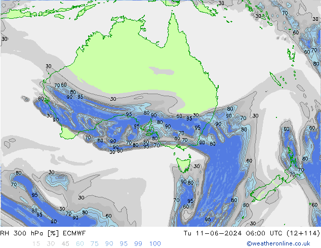 RH 300 hPa ECMWF Tu 11.06.2024 06 UTC