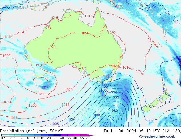Precipitation (6h) ECMWF Tu 11.06.2024 12 UTC