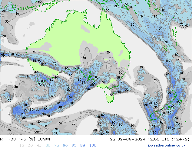 RH 700 гПа ECMWF Вс 09.06.2024 12 UTC