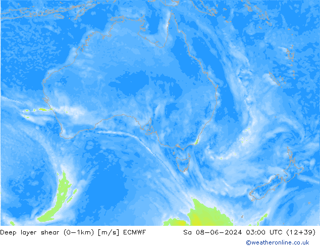 Deep layer shear (0-1km) ECMWF Sa 08.06.2024 03 UTC