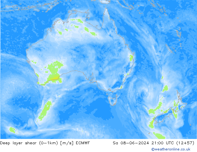 Deep layer shear (0-1km) ECMWF Sa 08.06.2024 21 UTC