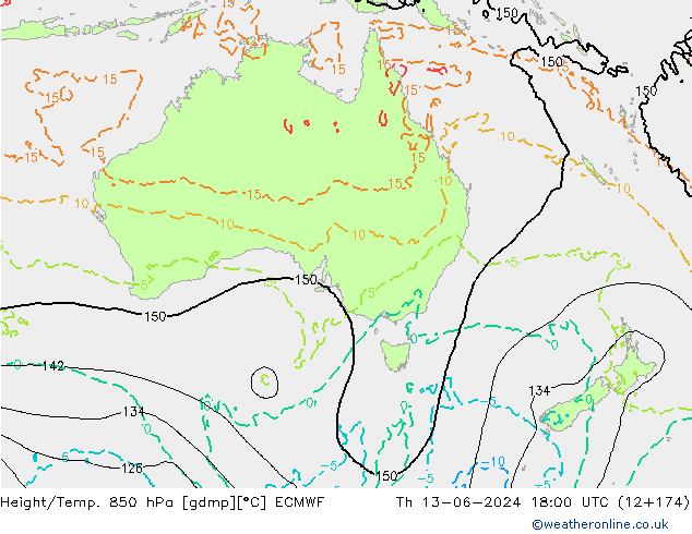 Geop./Temp. 850 hPa ECMWF jue 13.06.2024 18 UTC