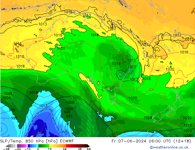 SLP/Temp. 850 гПа ECMWF пт 07.06.2024 06 UTC