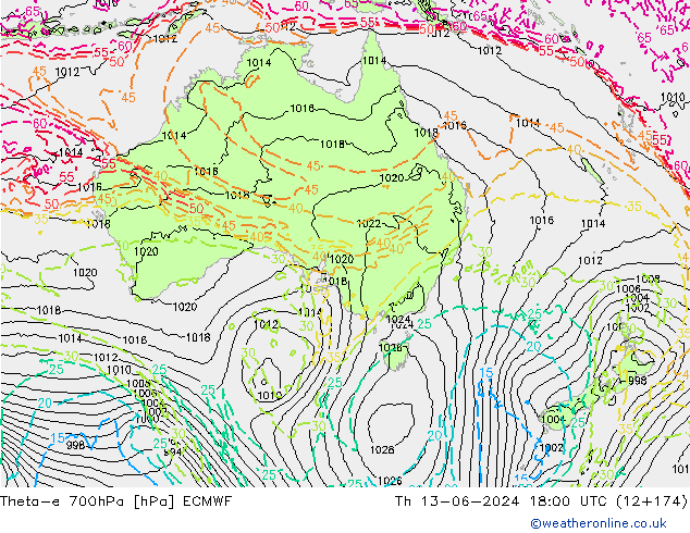 Theta-e 700hPa ECMWF czw. 13.06.2024 18 UTC