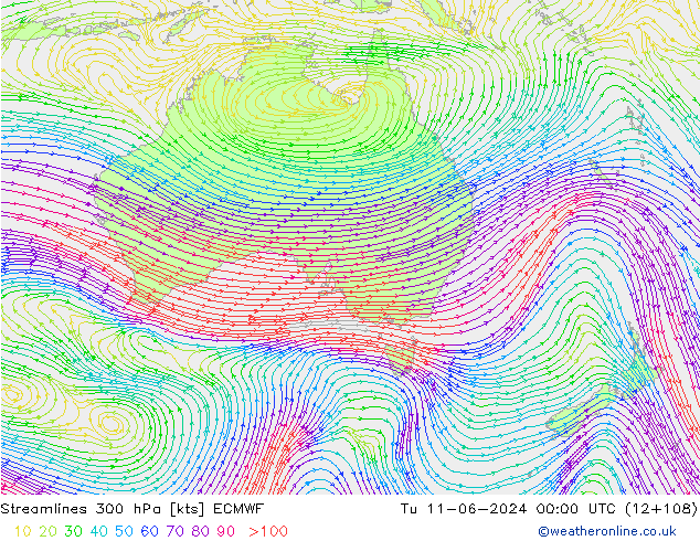 Streamlines 300 hPa ECMWF Tu 11.06.2024 00 UTC