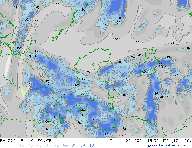 RH 300 hPa ECMWF Tu 11.06.2024 18 UTC