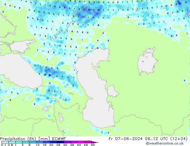 Precipitation (6h) ECMWF Pá 07.06.2024 12 UTC