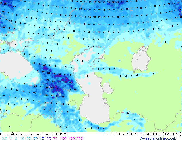 Precipitation accum. ECMWF czw. 13.06.2024 18 UTC