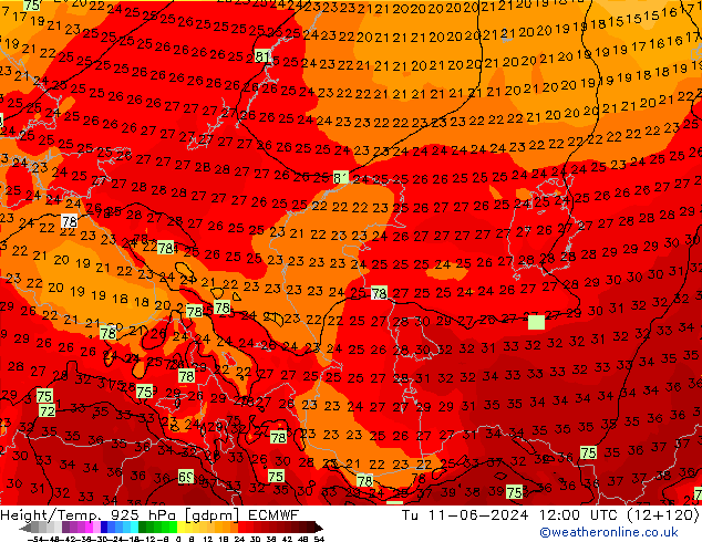 Height/Temp. 925 hPa ECMWF wto. 11.06.2024 12 UTC