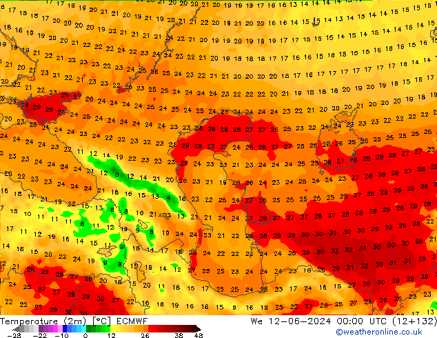 Temperatuurkaart (2m) ECMWF wo 12.06.2024 00 UTC