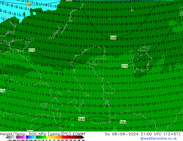 Height/Temp. 500 hPa ECMWF so. 08.06.2024 21 UTC