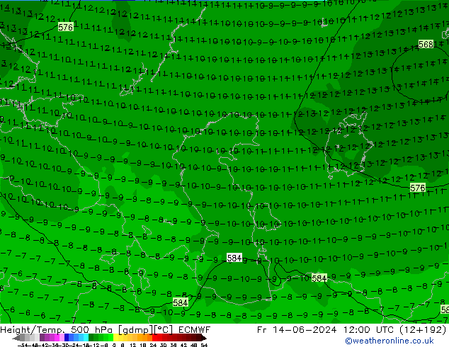 Z500/Rain (+SLP)/Z850 ECMWF Fr 14.06.2024 12 UTC