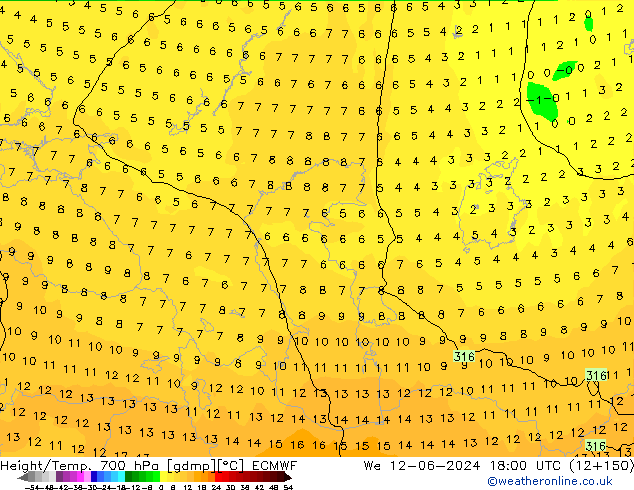 Height/Temp. 700 hPa ECMWF We 12.06.2024 18 UTC