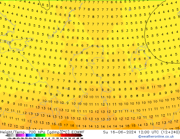 Height/Temp. 700 гПа ECMWF Вс 16.06.2024 12 UTC