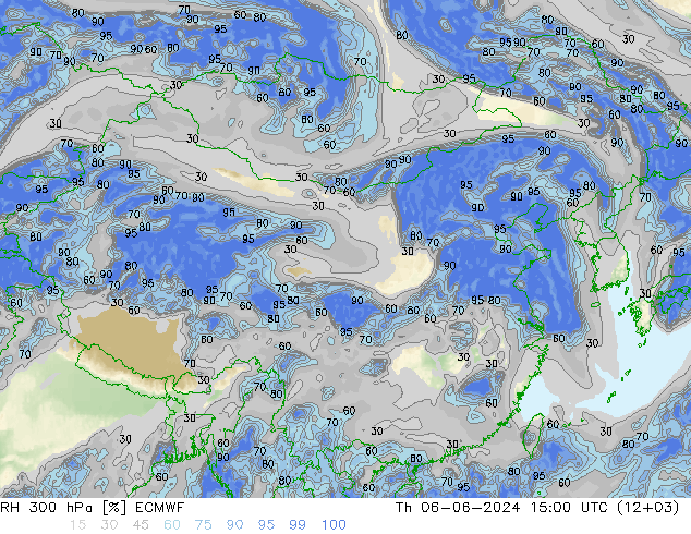 Humidité rel. 300 hPa ECMWF jeu 06.06.2024 15 UTC