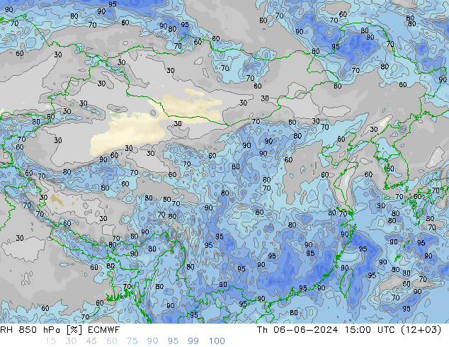 RH 850 hPa ECMWF Čt 06.06.2024 15 UTC