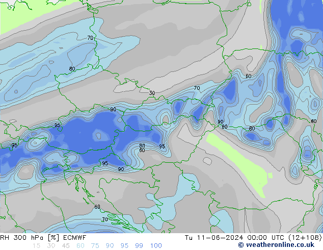 RH 300 hPa ECMWF Tu 11.06.2024 00 UTC