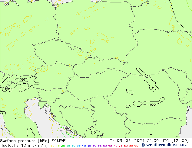 Isotachs (kph) ECMWF Th 06.06.2024 21 UTC