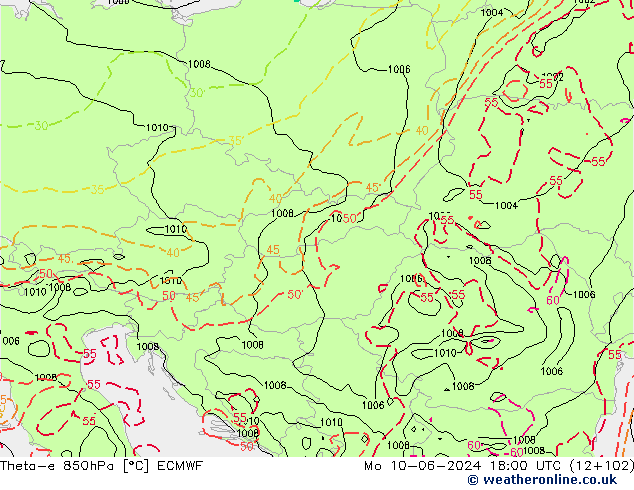 Theta-e 850hPa ECMWF Mo 10.06.2024 18 UTC