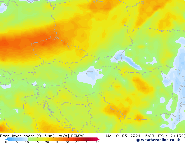 Deep layer shear (0-6km) ECMWF pon. 10.06.2024 18 UTC