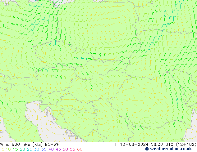 Wind 900 hPa ECMWF Čt 13.06.2024 06 UTC