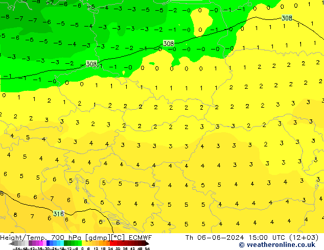 Height/Temp. 700 hPa ECMWF Čt 06.06.2024 15 UTC