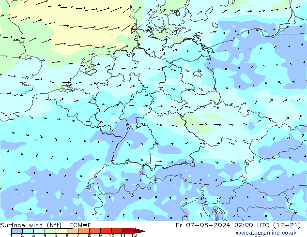 ве�Bе�@ 10 m (bft) ECMWF пт 07.06.2024 09 UTC