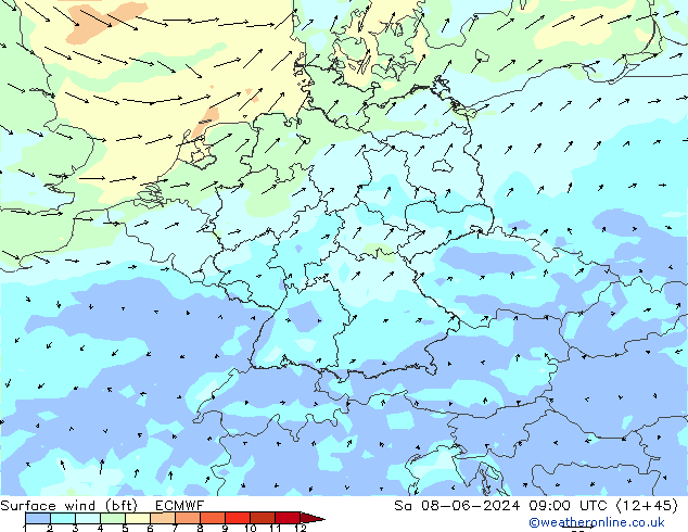 Bodenwind (bft) ECMWF Sa 08.06.2024 09 UTC