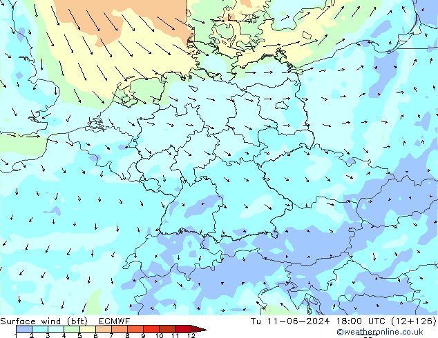 wiatr 10 m (bft) ECMWF wto. 11.06.2024 18 UTC