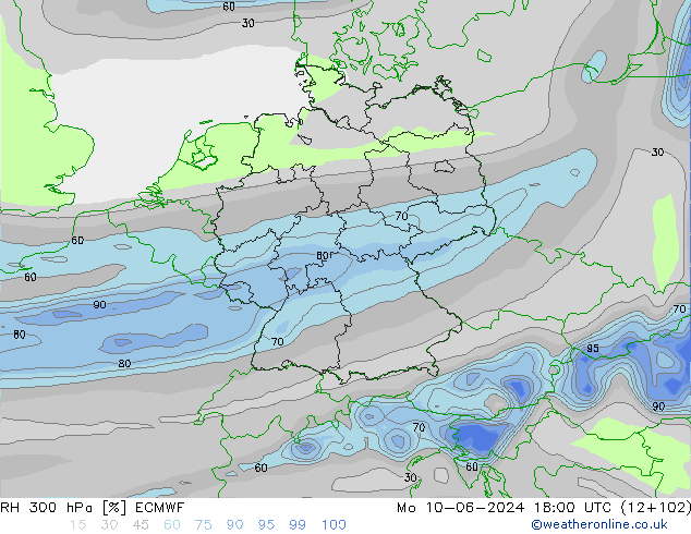 RH 300 hPa ECMWF Seg 10.06.2024 18 UTC