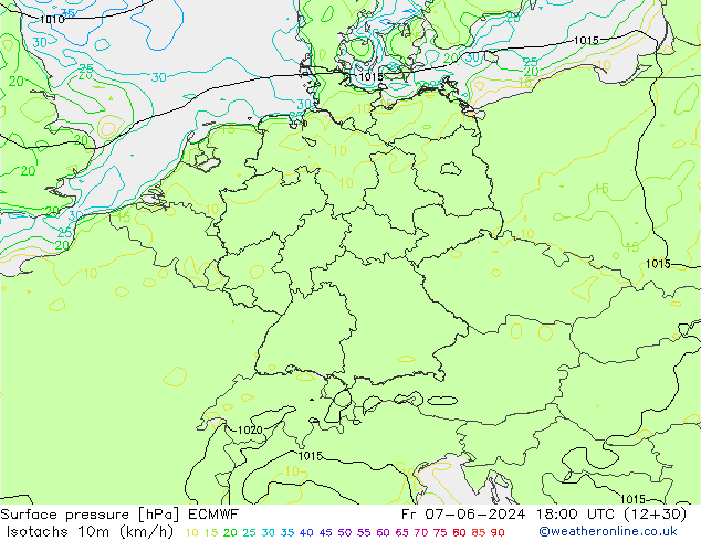 Isotachs (kph) ECMWF  07.06.2024 18 UTC