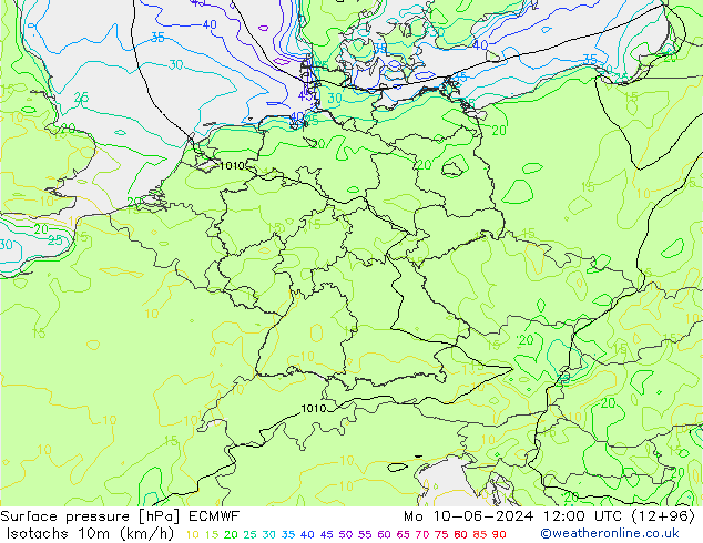 10米等风速线 (kph) ECMWF 星期一 10.06.2024 12 UTC