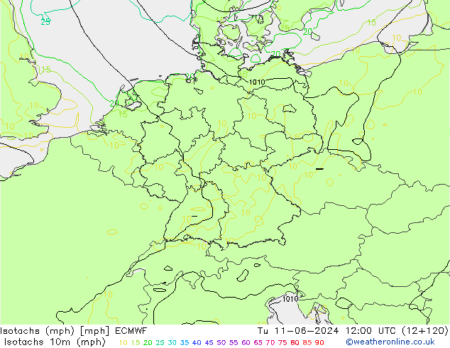 Isotachs (mph) ECMWF вт 11.06.2024 12 UTC