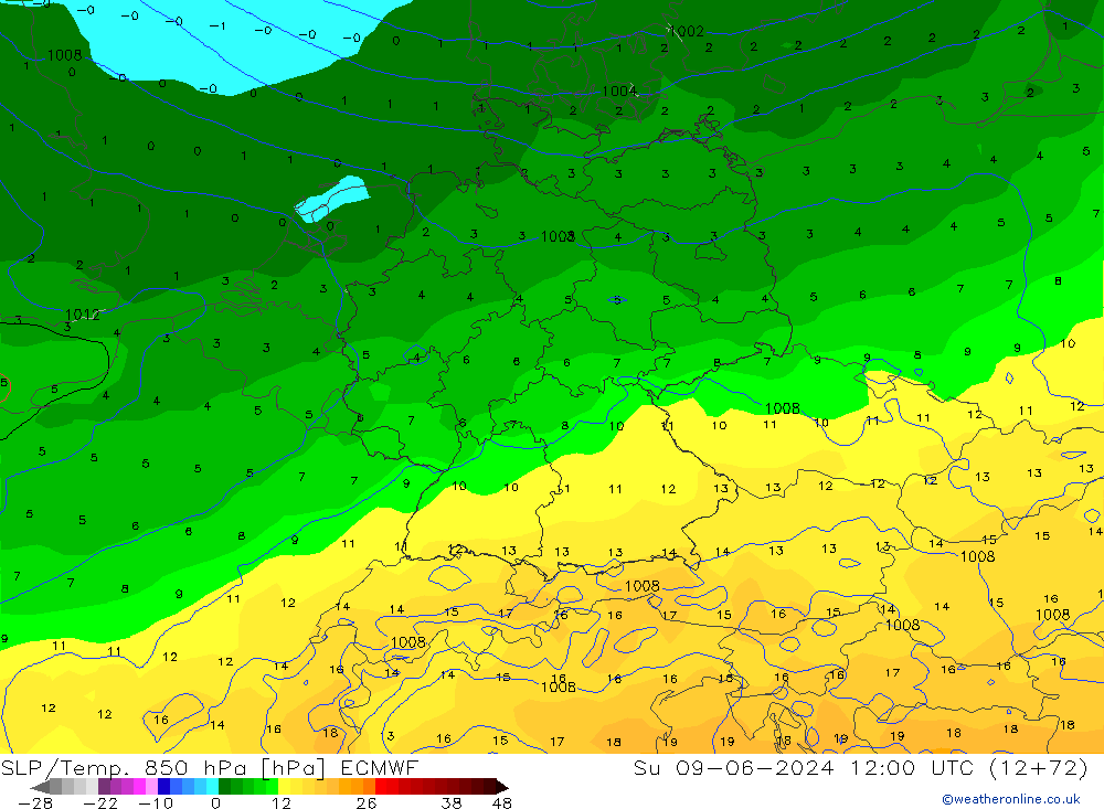 SLP/Temp. 850 hPa ECMWF Su 09.06.2024 12 UTC