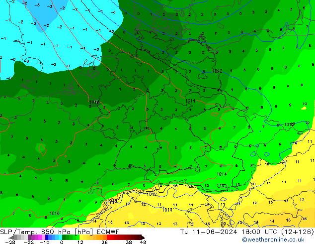 SLP/Temp. 850 hPa ECMWF Tu 11.06.2024 18 UTC