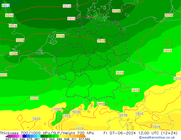 Schichtdicke 700-1000 hPa ECMWF Fr 07.06.2024 12 UTC