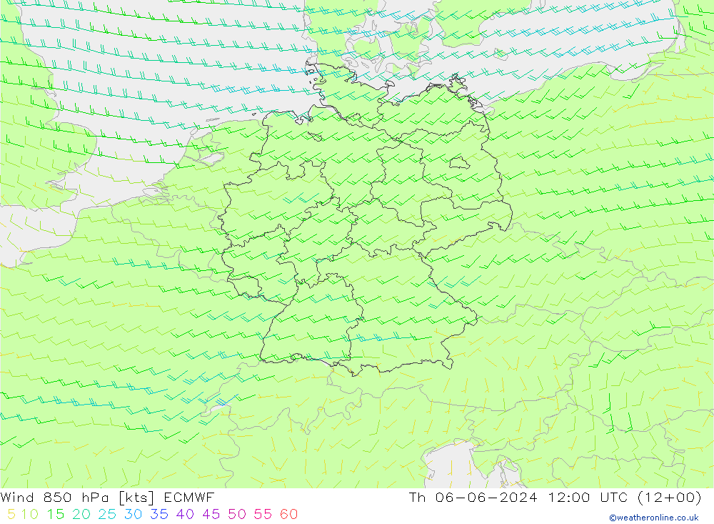 Vento 850 hPa ECMWF gio 06.06.2024 12 UTC